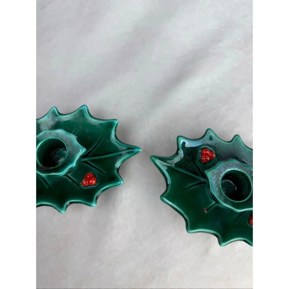 Vintage Lefton Holly Leaf Candlestick Holders READ
